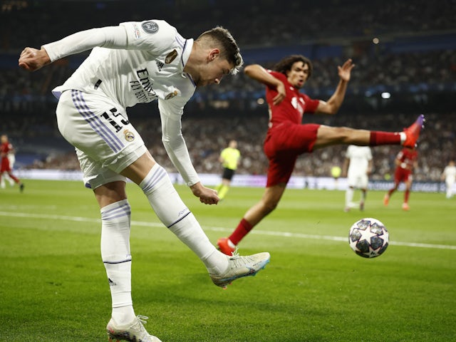 Real Madrid's Federico Valverde in action with Liverpool's Trent Alexander-Arnold on March 15, 2023
