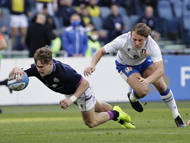 Scotland's Darcy Graham scores their fourth try on March 12, 2022
