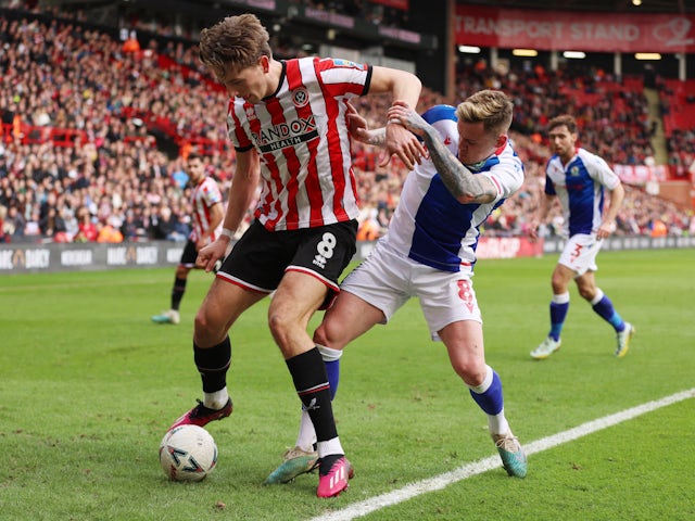 Sheffield United's Sander Berge in action with Blackburn Rovers' Sammie Szmodics on March 18, 2023