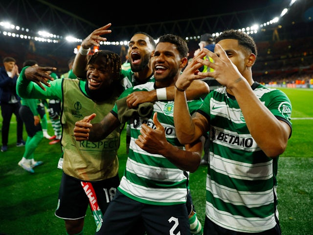 Sporting Lisbon celebrate knocking Arsenal out of the Europa League on March 16, 2023