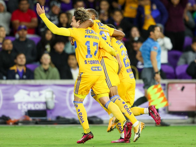 Tigres UANL midfielder Francisco Cordova (17) celebrates after scoring a goal against Orlando City SC in the first half during the CONCACAF Champions League at Exploria Stadium on March 15, 2023