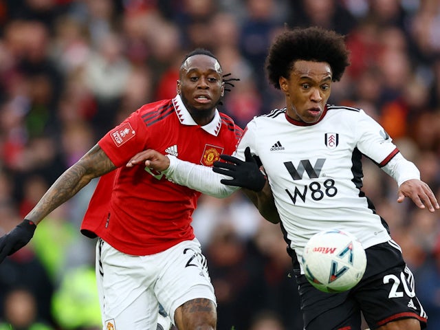 Fulham's Willian in action with Manchester United's Aaron Wan-Bissaka on March 19, 2023