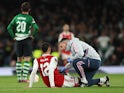 Arsenal's William Saliba goes down injured on March 16, 2023