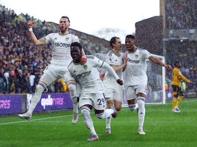Leeds United players celebrate Jack Harrison's goal against Wolverhampton Wanderers on March 18, 2023
