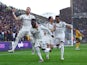 Leeds United players celebrate Jack Harrison's goal against Wolverhampton Wanderers on March 18, 2023