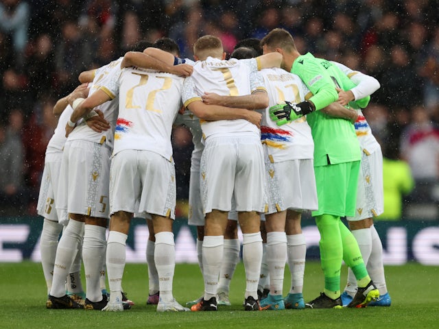Armenia players huddle before the match on June 8, 2022