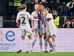Barcelona Women's Salma Paralluelo celebrates scoring their first goal with teammates on March 21, 2023