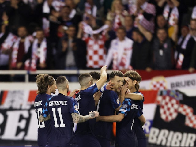 Croatia celebrate scoring against Wales in their Euro 2024 qualifier on March 25, 2023.
