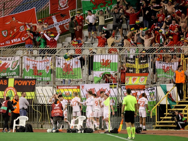 Wales celebrate scoring against Croatia in their Euro 2024 qualifier on March 25, 2023.