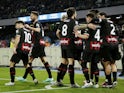 AC Milan's Rafael Leao celebrates scoring their first goal with teammates on April 2, 2023