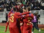 Andorra's Albert Rosas celebrates scoring their first goal with teammates on March 28, 2023
