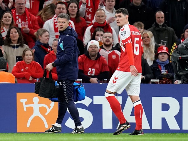 Denmark's Andreas Christensen walks off the pitch to be substituted after sustaining an injury on March 23, 2023