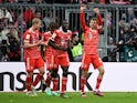 Bayern Munich's Thomas Muller celebrates scoring their third goal with teammates on April 1, 2023