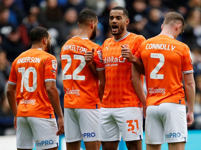 Blackpool's Curtis Nelson in the wall with teammates ahead of a Preston North End free kick on April 1, 2023