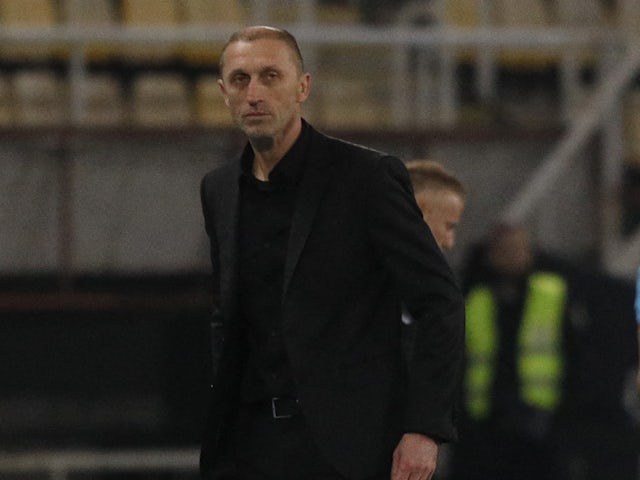 North Macedonia coach Blagoja Milevski is sent of after being shown a red card by referee Kristo Tohver on March 23, 2023