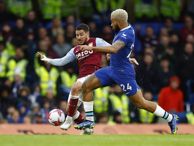 Aston Villa's Emiliano Buendia in action with Chelsea's Reece James on April 1, 2023