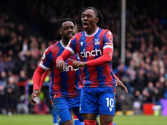 Crystal Palace's Eberechi Eze celebrates an own goal scored by Leicester City's Daniel Iversen on April 1, 2023