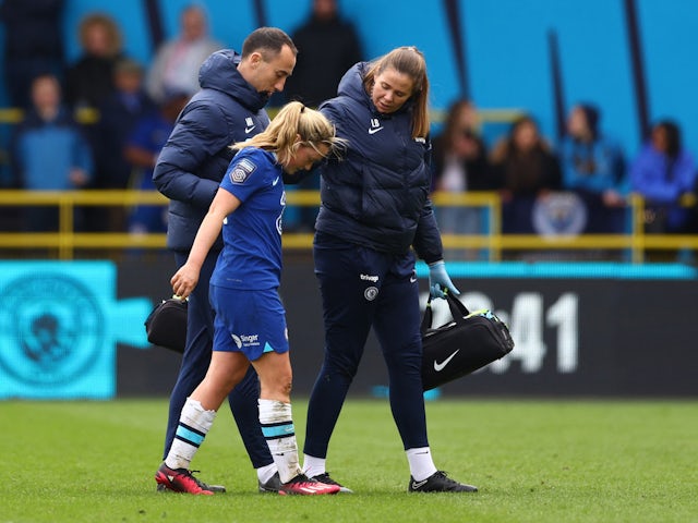 Chelsea Women's Erin Cuthbert walks off to be substituted after sustaining an injury on March 26, 2023
