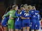 Everton Women team huddle before the start of the second half on March 24, 2023