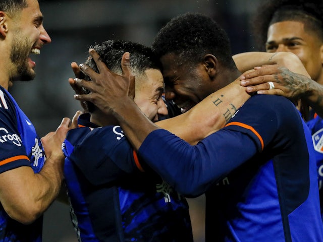 FC Cincinnati defender Yerson Mosquera (15) reacts after scoring a goal with midfielder Alvaro Barreal (31 on April 2, 2023