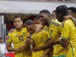 Jamaica's Bobby Reid celebrates scoring their first goal with teammates on March 26, 2023