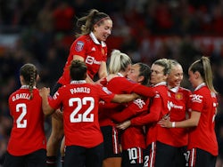 Manchester United Women's Katie Zelem celebrates scoring their first goal with teammates on March 25, 2023