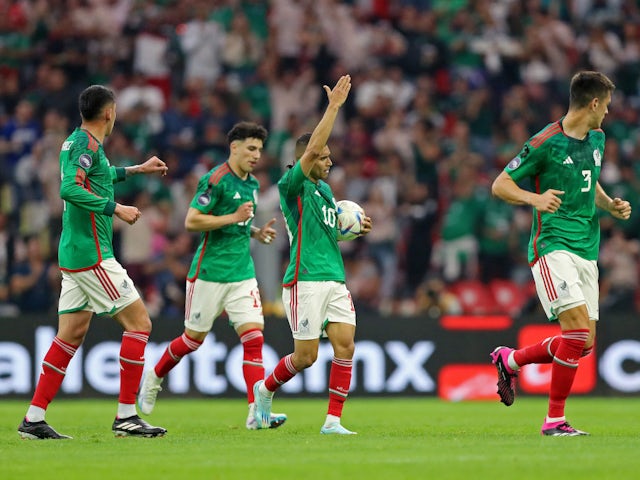 Mexico's Orbelin Pineda celebrates scoring their first goal with teammates on March 26, 2023