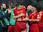 Montenegro's Nikola Krstovic celebrates scoring their first goal with teammates on March 24, 2023