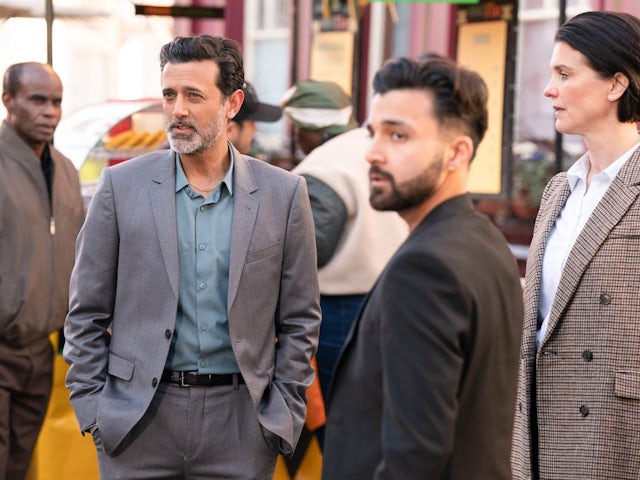 Nish, Eve and Vinny on EastEnders on April 11, 2023