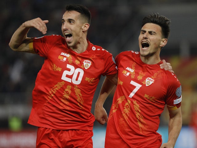 North Macedonia's Eljif Elmas celebrates scoring their first goal with Bojan Miovski on March 23, 2023