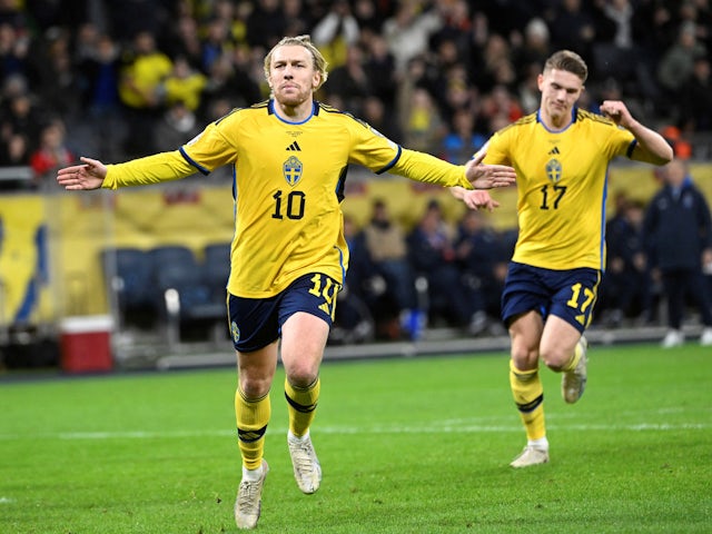 Sweden's Emil Forsberg celebrates scoring their first goal Fredrik Sandberg on March 27, 2023