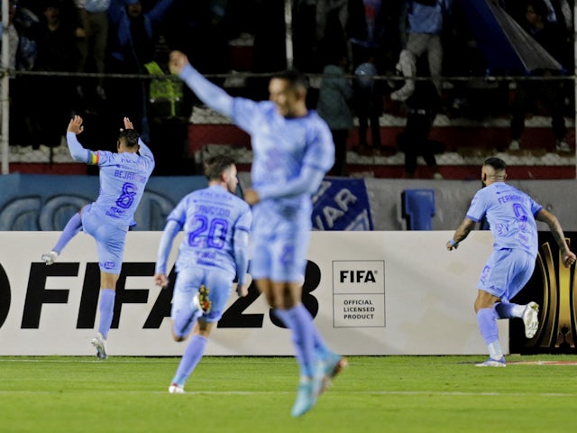 Bolivar's Diego Bejarano celebrates scoring their second goal with teammates on April 5, 2023