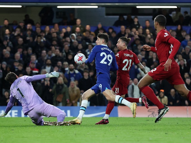 Chelsea's Kai Havertz scores a goal against Liverpool that is later disallowed on April 4, 2023