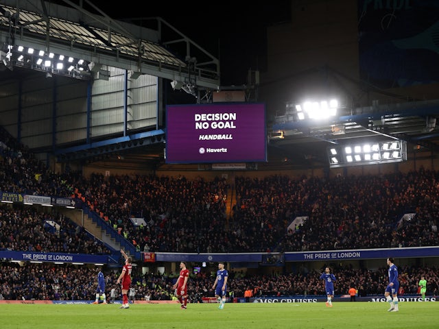 A big screen displays no goal for Chelsea's Kai Havertz after a VAR review message on April 4, 2023