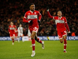 Middlesbrough's Chuba Akpom celebrates scoring their first goal on March 14, 2023