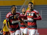 Flamengo's Matheus Franca celebrates scoring their first goal with teammates on April 5, 2023