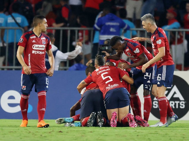 Independiente Medellin's Victor Moreno celebrates scoring their first goal with teammates on April 5, 2023
