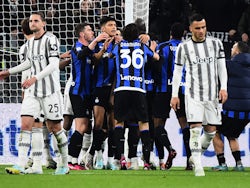 Inter Milan's Romelu Lukaku celebrates scoring their first goal with teammates on April 4, 2023