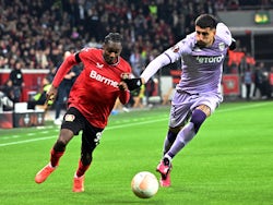 Bayer Leverkusen's Jeremie Frimpong in action with AS Monaco's Guillermo Maripan on February 16, 2023