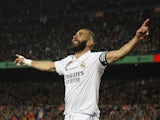Real Madrid's Karim Benzema celebrates scoring their fourth goal to complete his hat-trick on April 5, 2023