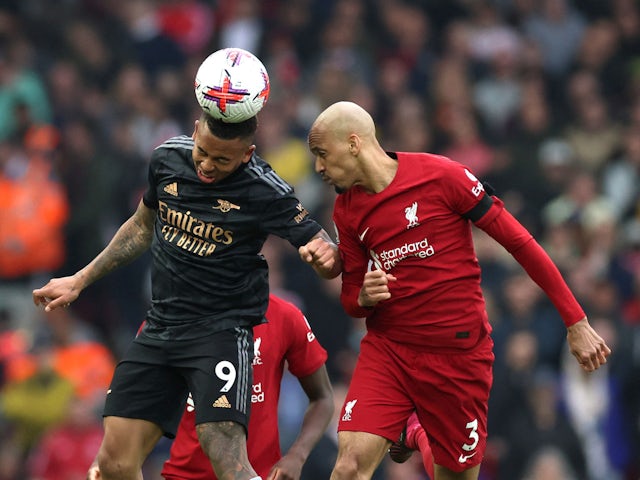 Arsenal's Gabriel Jesus in action with Liverpool's Fabinho on April 9, 2023