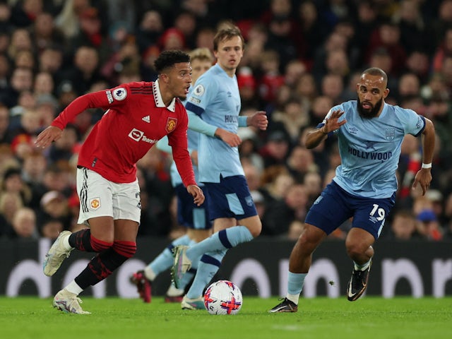 Manchester United's Jadon Sancho in action with Brentford's Bryan Mbeumo on April 5, 2023