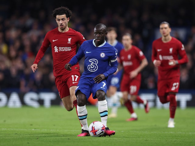 Chelsea's N'Golo Kante in action with Liverpool's Curtis Jones on April 4, 2023