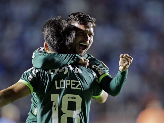 Palmeiras' Jose Lopez celebrates scoring their first goal with teammate on April 5, 2023