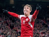  Denmark's Rasmus Hojlund celebrates scoring their second goal on March 23, 2023