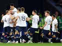 Tottenham Hotspur's Harry Kane celebrates scoring their first goal with teammates on April 3, 2023