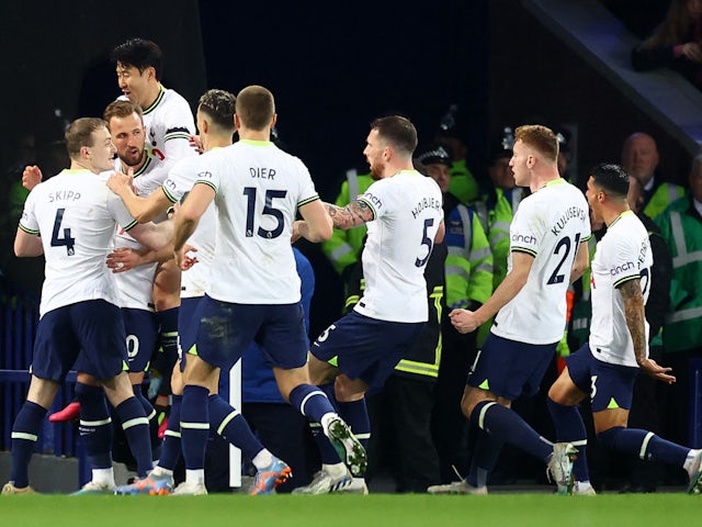 Tottenham Hotspur's Harry Kane celebrates scoring their first goal with teammates on April 3, 2023