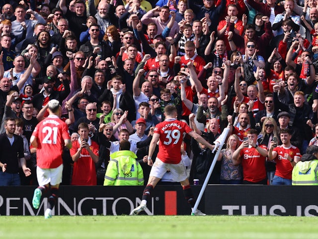 Manchester United midfielder Scott McTominay celebrates scoring against Everton on April 8, 2023