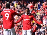 Manchester United's Anthony Martial celebrates scoring their second goal with Marcus Rashford on April 8, 2023