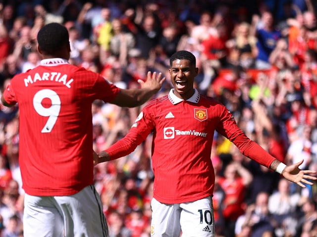 Manchester United's Anthony Martial celebrates scoring their second goal with Marcus Rashford on April 8, 2023